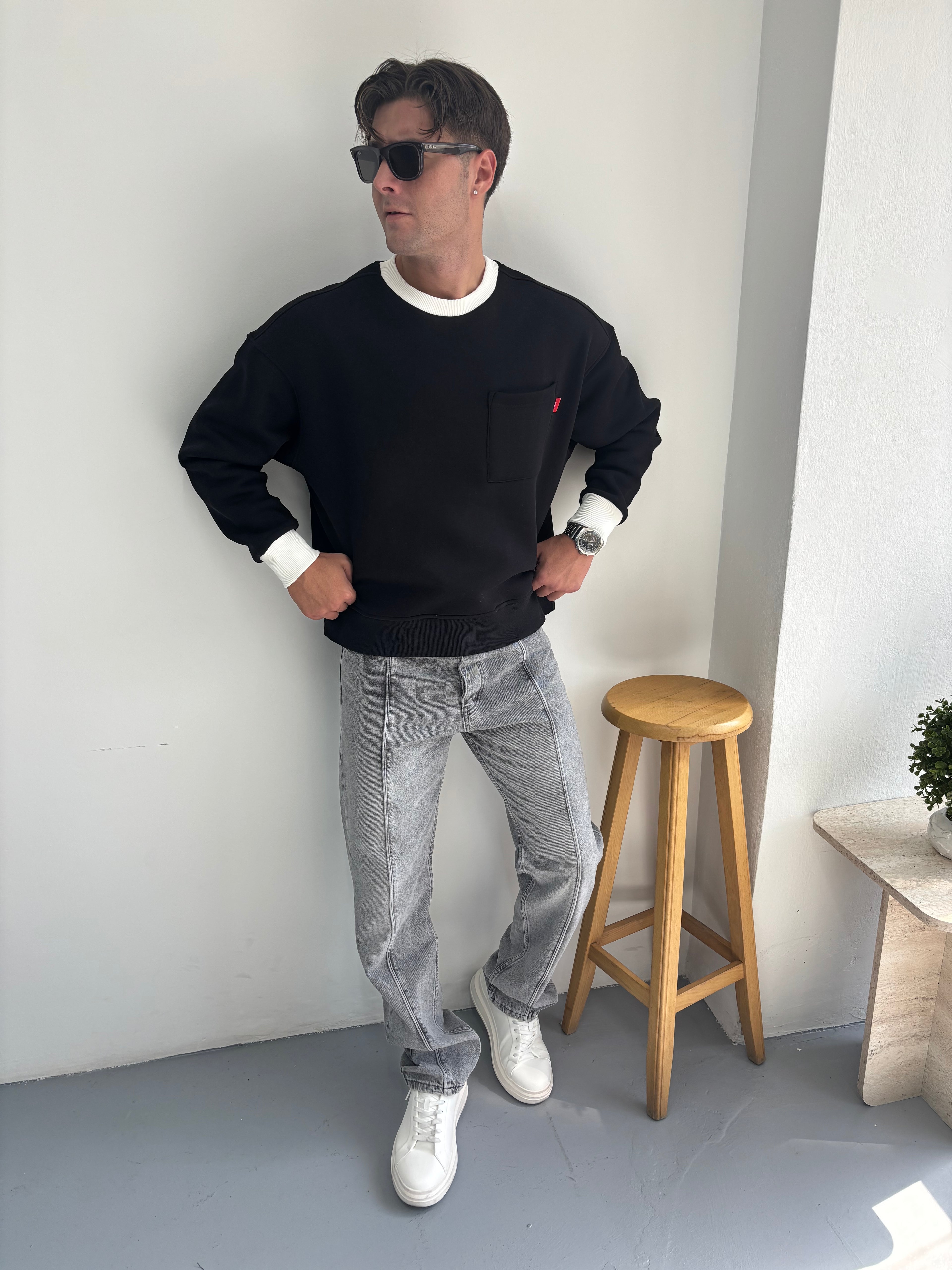 Tek Cep Detaylı Renkli Ribana Oversize Sweatshirt