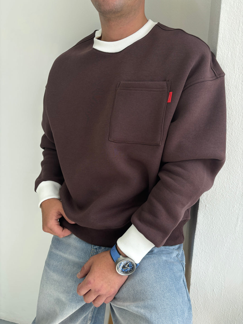 Tek Cep Detaylı Renkli Ribana Oversize Sweatshirt