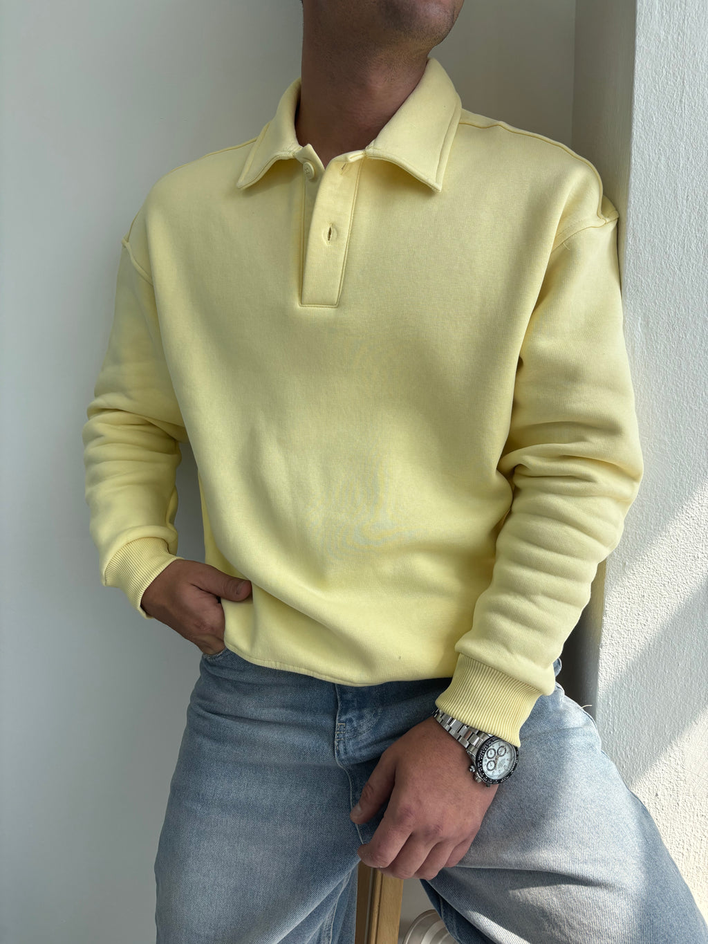 Düğmeli Yakalı Oversize Şardonlu Sweatshirt