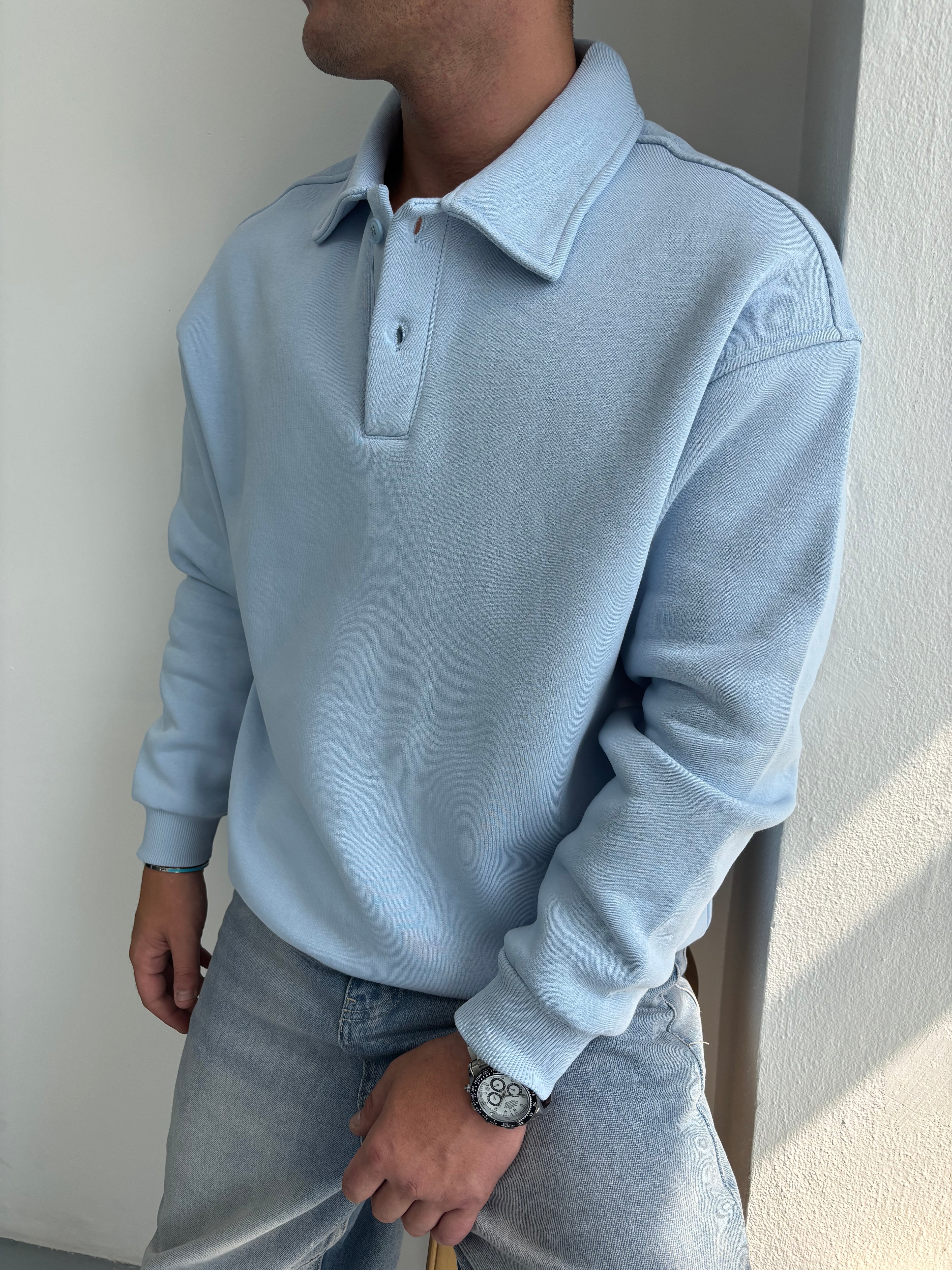 Düğmeli Yakalı Oversize Şardonlu Sweatshirt