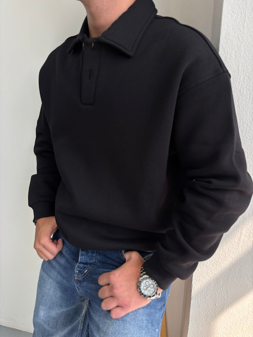 Düğmeli Yakalı Oversize Şardonlu Sweatshirt