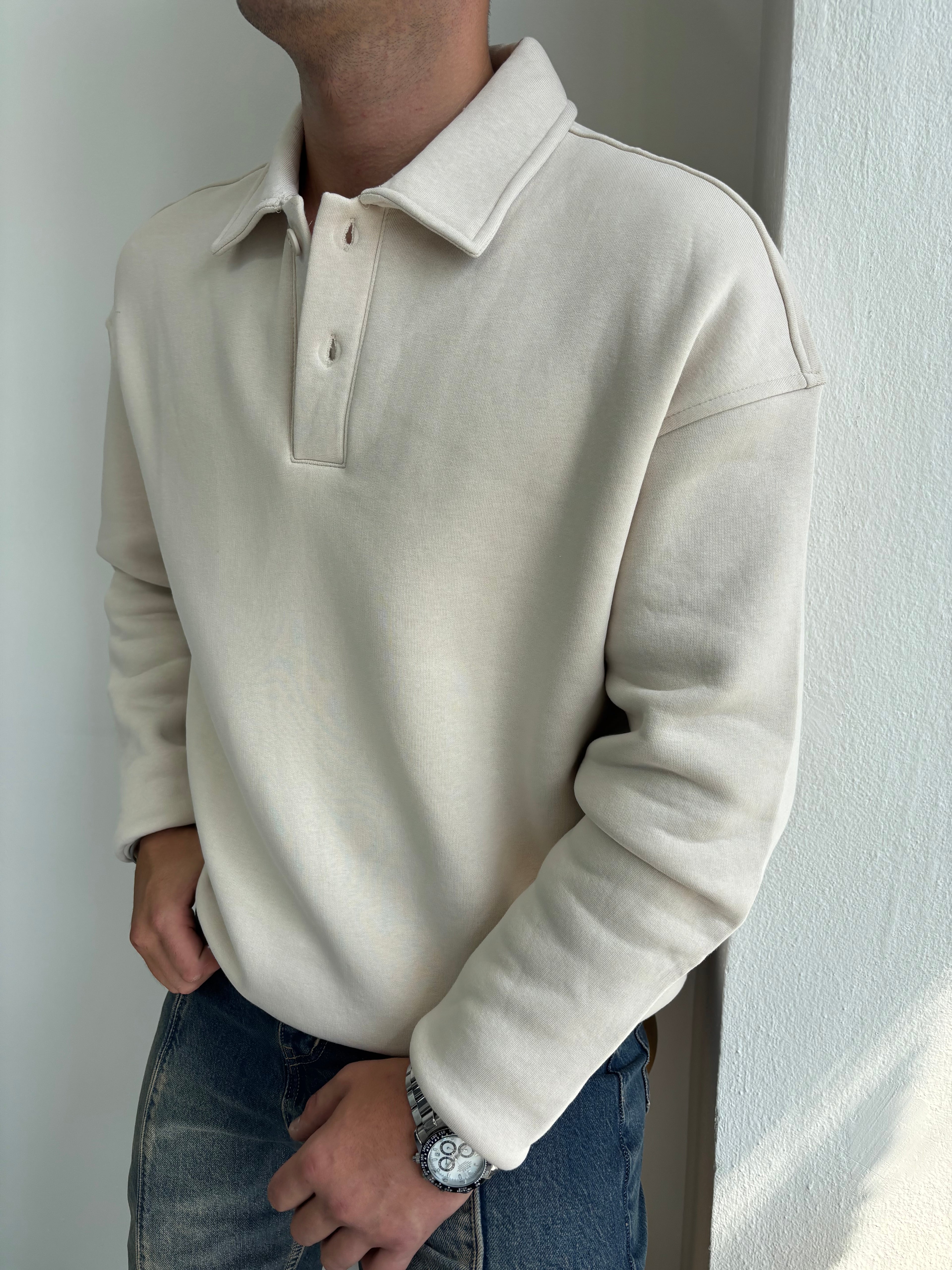 Düğmeli Yakalı Oversize Şardonlu Sweatshirt