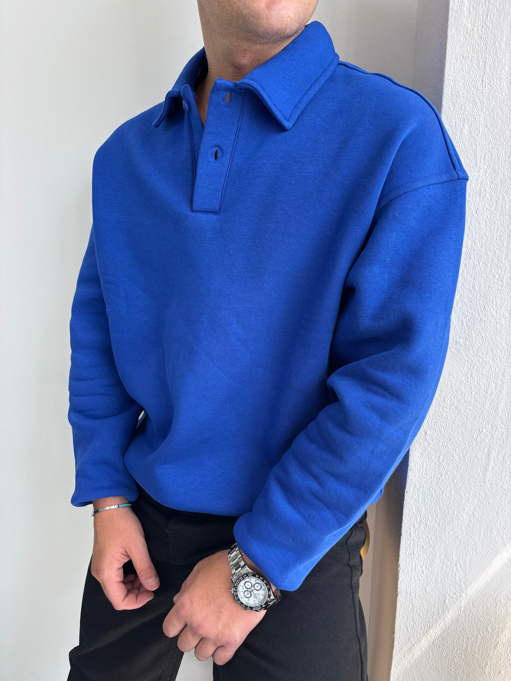 Düğmeli Yakalı Oversize Şardonlu Sweatshirt