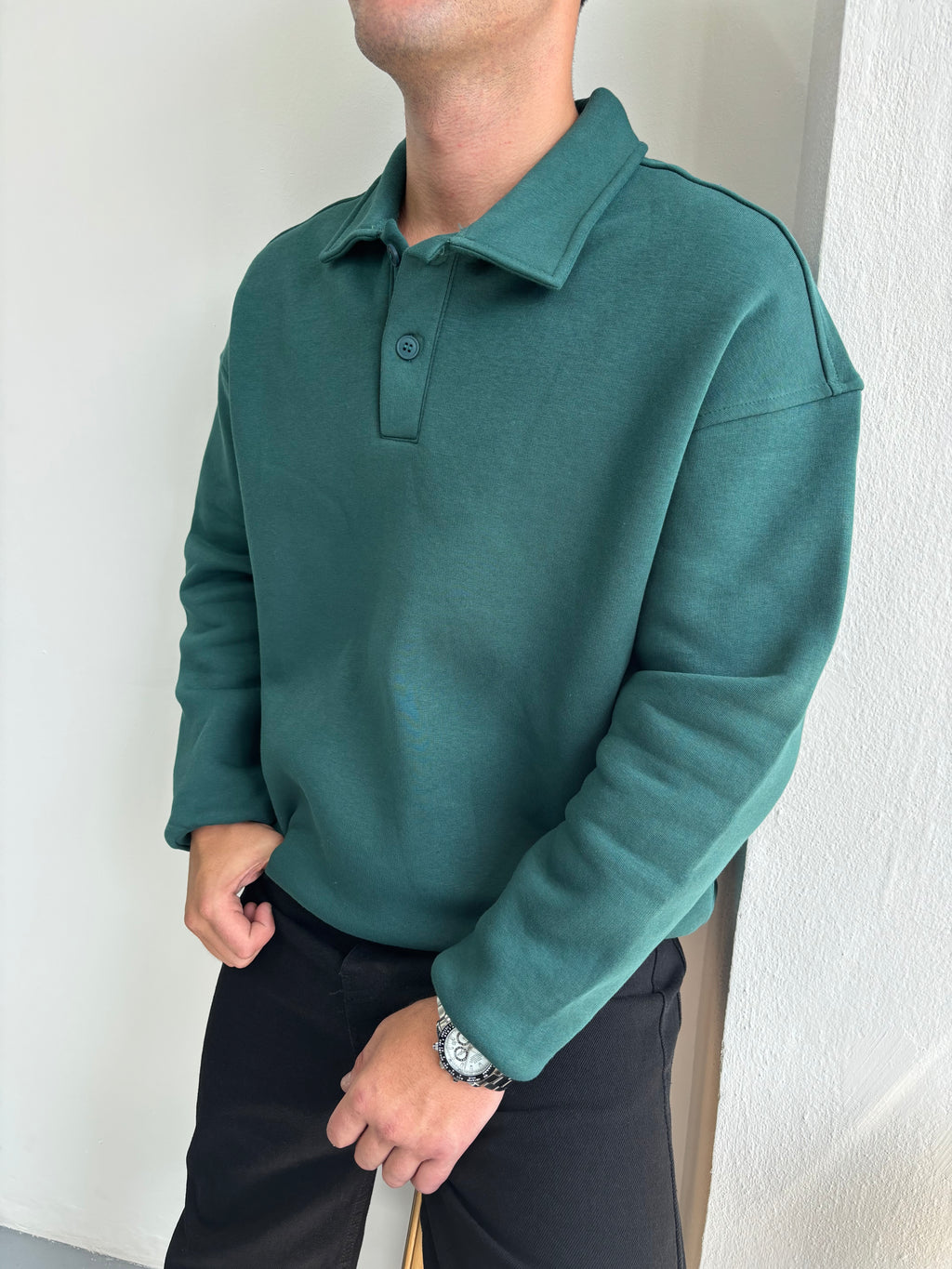 Düğmeli Yakalı Oversize Şardonlu Sweatshirt