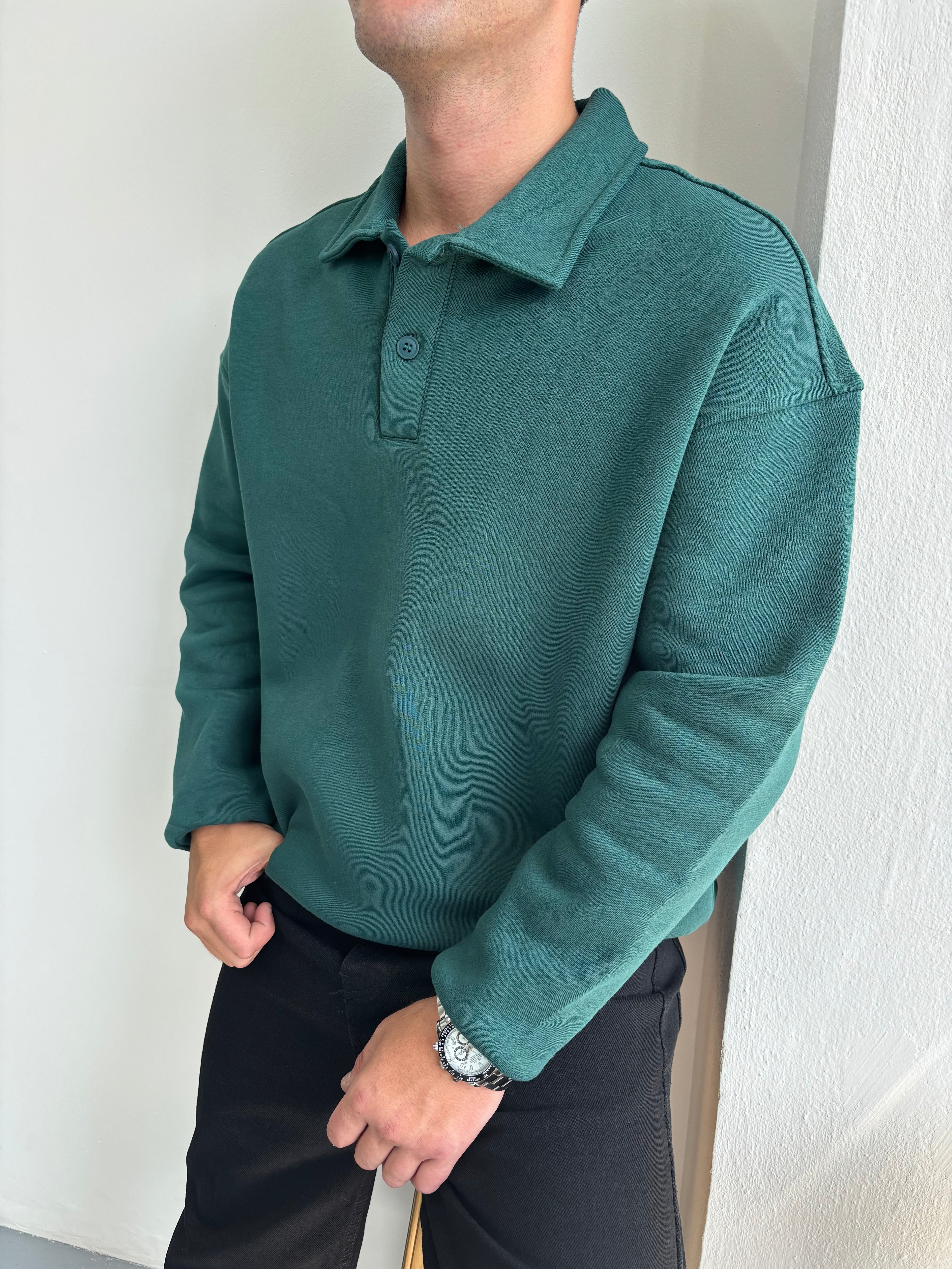 Düğmeli Yakalı Oversize Şardonlu Sweatshirt