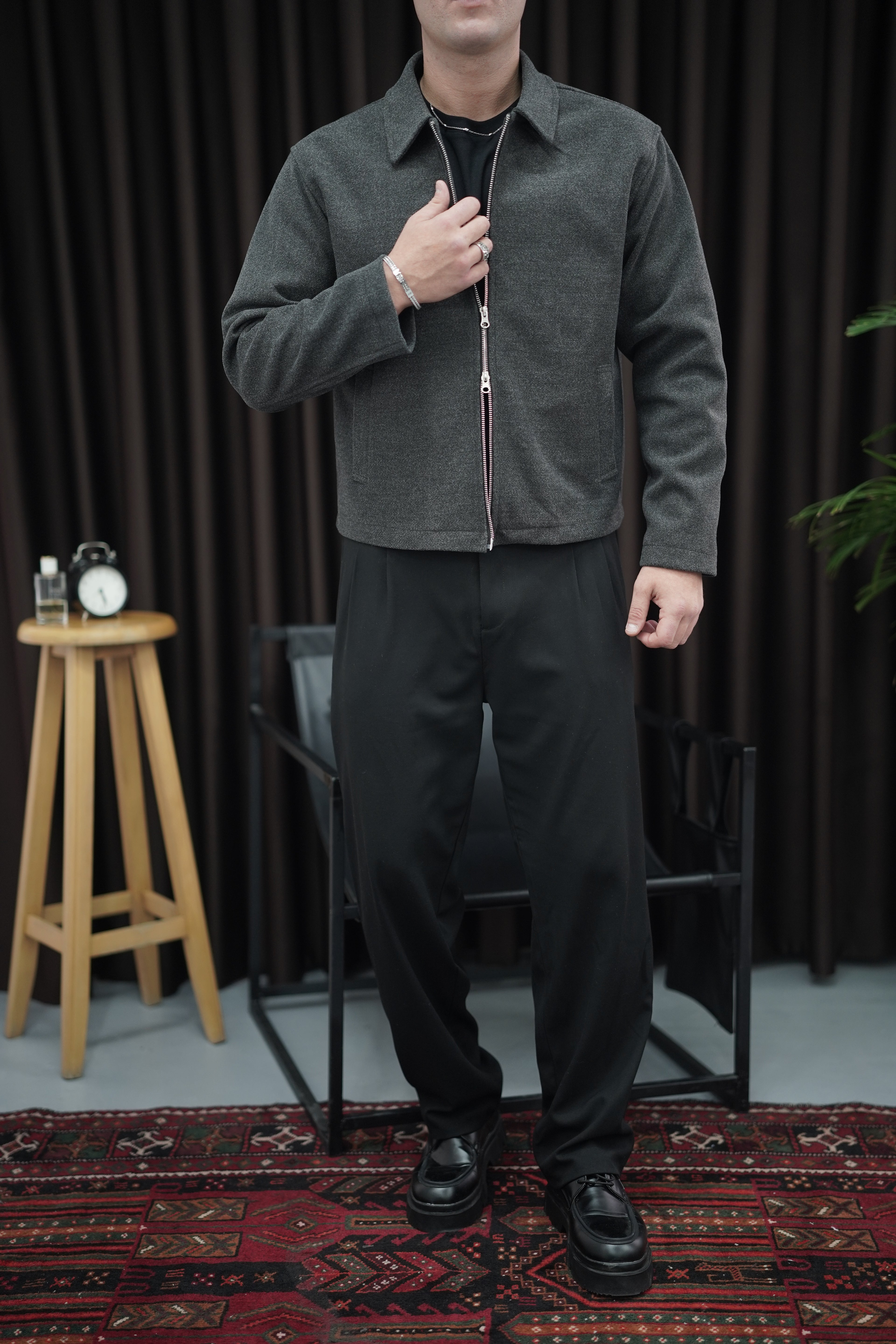 Çift Fermuarlı Kaşe Ceket