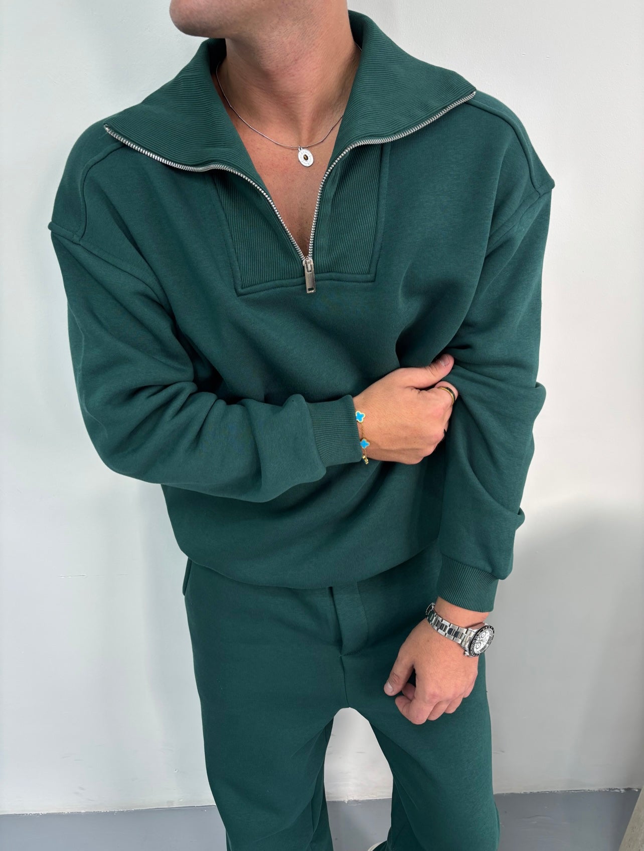 Yarım Fermuarlı Üç İplik Yıkamalı Oversize Takım